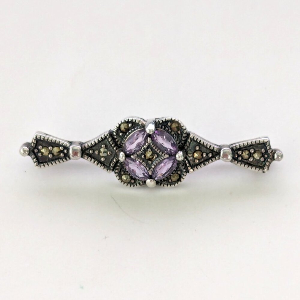 Vintage JC 925 Sterling Amethyst Marcasite Art Deco Style Brooch Pin